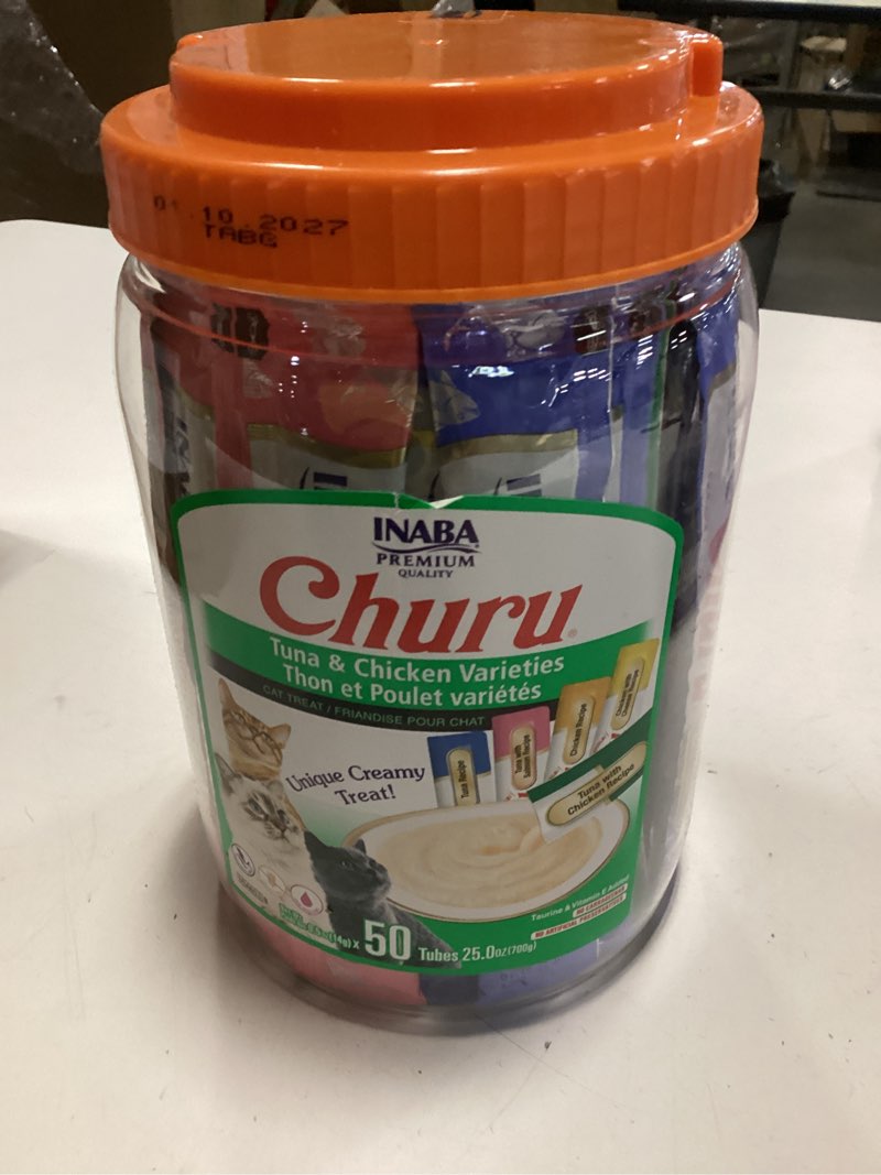 Condition photo showing New/Like New for INABA Churu Cat Treats, Grain-Free, Lickable, Squeezable Creamy Purée Cat Treat/Topper with Vitamin E & Taurine, 0.5 Ounces Each Tube, 50 Tubes, Tuna & Chicken Variety Tuna and Chicken Variety 0.5 Ounce (Pack of 50)