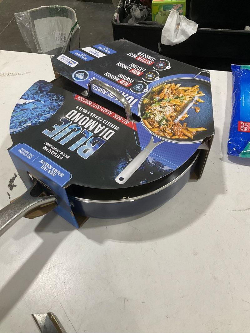 Condition photo showing Good Condition for blue diamond 5qt saute pan with lid, non toxic pfas-free diamond ceramic nonstick, dishwasher & oven safe, metal utensil safe, deep jumbo cooker skillet with helper handle, glass lid, blue blue 5 quart saute pan with lid