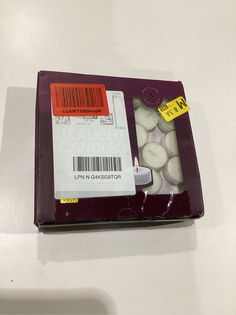 Condition photo showing As Is for lerner clear tea lights candles bulk - 4.5 hour clear cup tealight 50 pack - consistent smkless clean burning - holiday, wedding, spa, emergency and home decoration candles pack of 50, missing candles