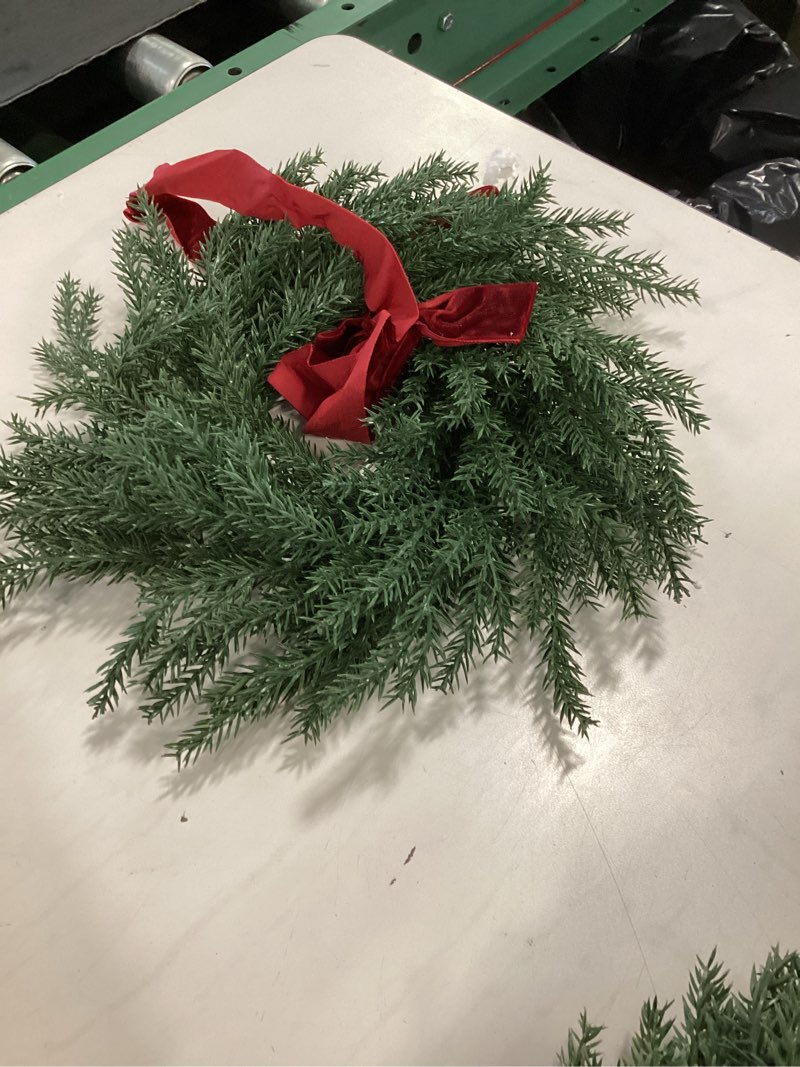 Condition photo showing Good Condition for Artificial Norfolk Pine & Cedar Christmas Wreath with Velvet Bow – Real Touch Faux Greenery Holiday Front Door Decoration for Indoor Outdoor Use