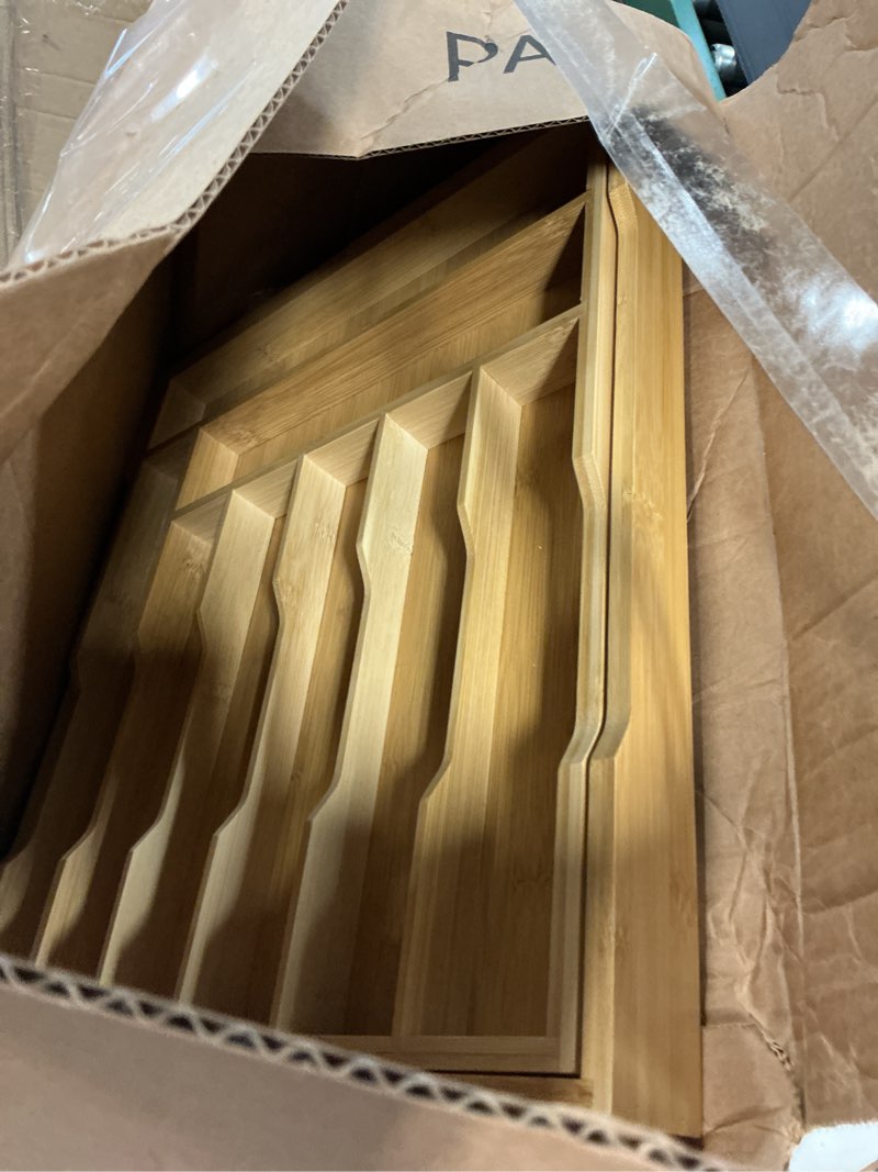 Condition photo showing As Is for purawood kitchen drawer organizer - expandable utensil drawer organizer for kitchen, cutlery tray & silverware organizer, 3-5 slots - bamboo organizer for utensils & flatware (natural) natural 5 slot single