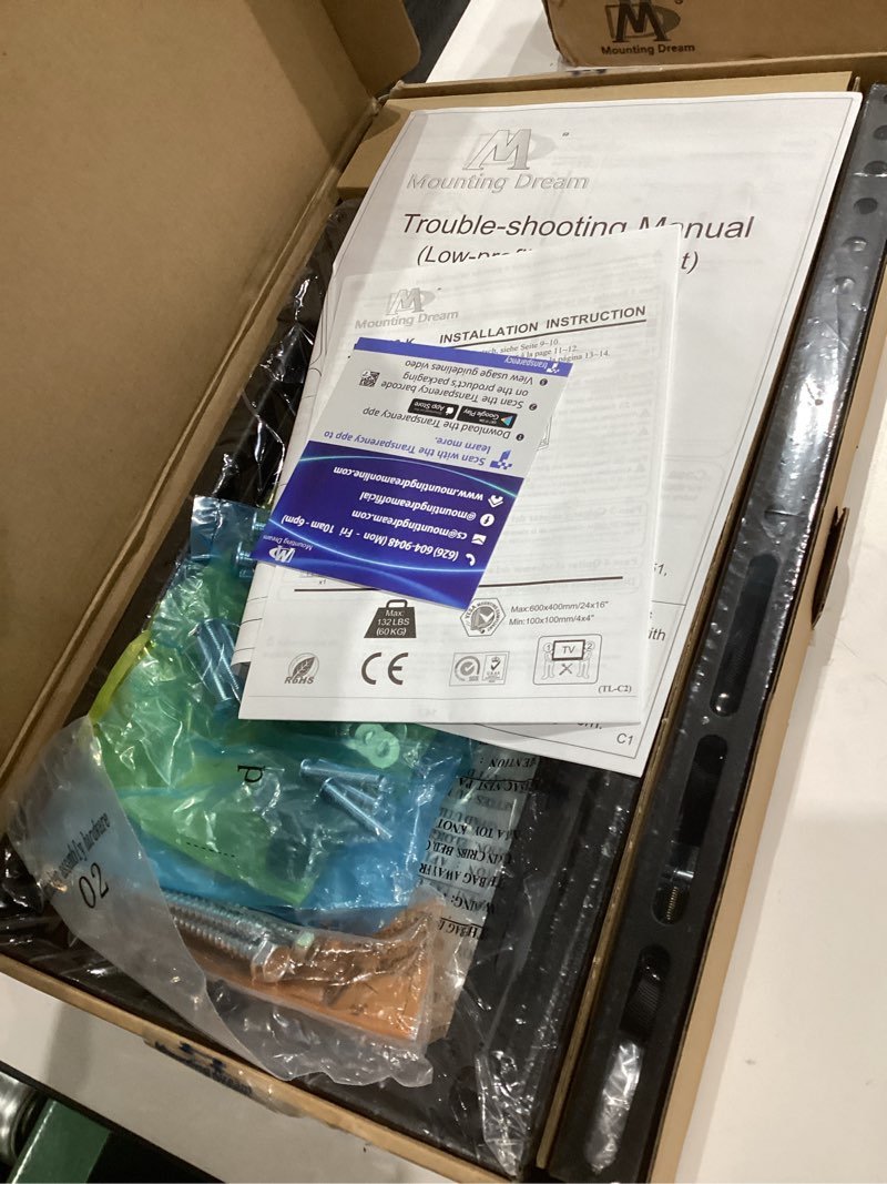 Condition photo showing New/Like New for Mounting Dream TV Mount Fixed for Most 42-84 Inch Flat Screen TVs, UL Listed TV Wall Mount Bracket up to VESA 600 x 400mm and 132 lbs - Fits 16"/18"/24" Studs - Low Profile and Space Saving MD2163-K For 42"-84" TV