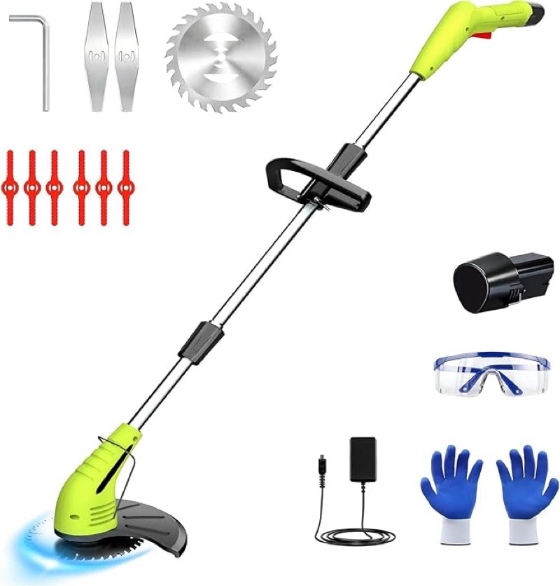 gardenjoy weed wacker battery operated: 12v cordless grass trimmer with 2.0ah battery, fast charger and 3 types cutting blade, portable electric lawn trimmer for garden yard weeding work