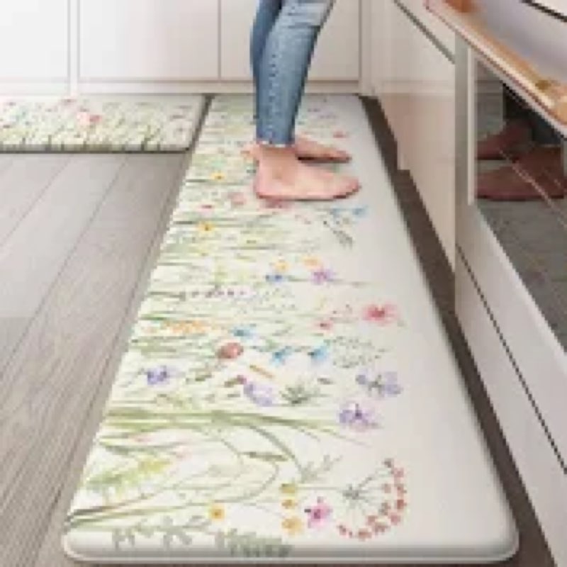 KIMODE Anti Fatigue Mat for Kitchen Floor, 18\\\"x28\\\" Half Circle Memory Foam Kitchen Floor Mats Cushioned Non Slip, Comfort Standing Mats, Boho White Kitchen Rug for Sink Laundry Office Desk 1'6\\\" x 2'4\\\" (rectangle)Floral/White 2 pcs