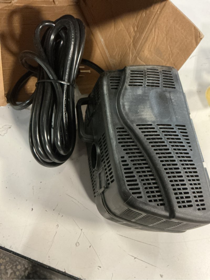 Condition photo showing As Is for 340 gph filter-free submersible pond pump with water bell and double daisy fountain heads