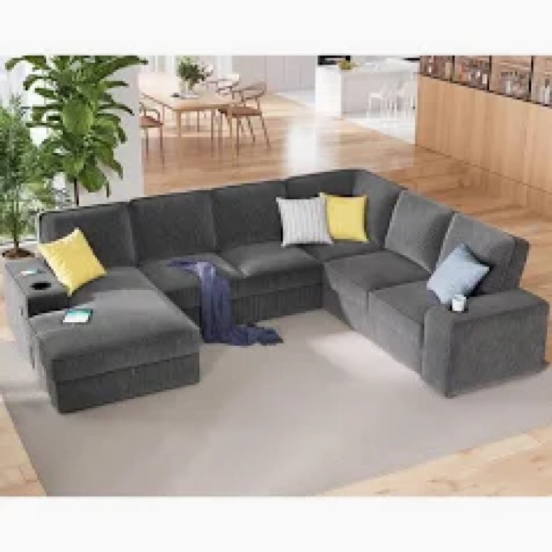  Incomplete)112 Inch Oversized Sofa, Sectional Sofa With USB Ports, Corduroy Gray, Box 1 Of 2