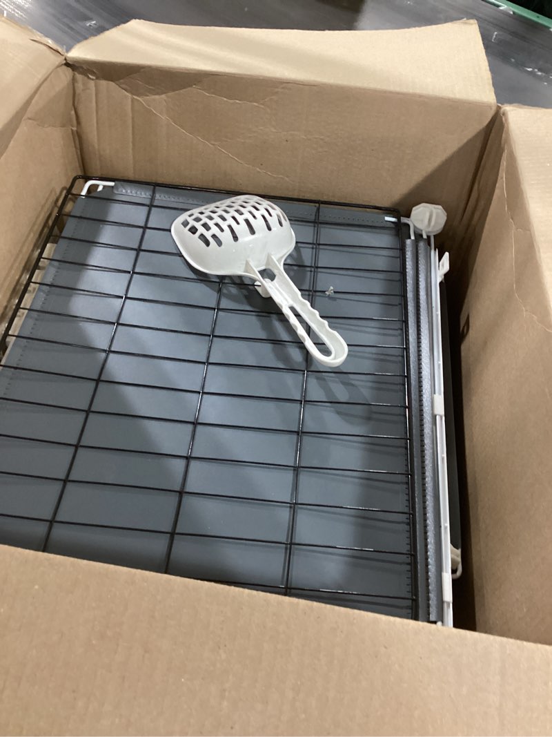 Condition photo showing As Is for Cat Cage Cat Enclosure with Litter Box & Clear Sliding Door, Expandable Cat Playpen, Detachable Metal, Cat Cage Indoor and Outdoor, Ferret Cage, Rabbit Cage (Two Layers with Storage Space)