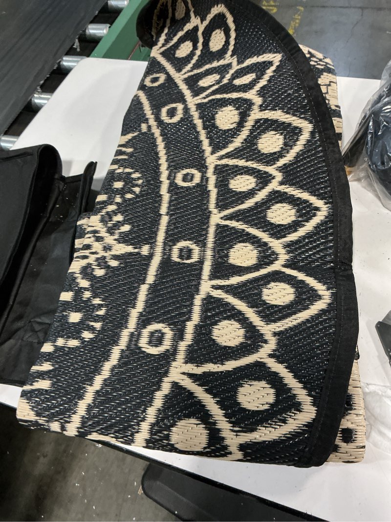 Condition photo showing Good Condition for famibay round outdoor rugs for patios 8ft boho plastic outdoor rug waterproof reversible circle outside rugs lightweight portable all weather outdoor carpet for patio backyard porch(black camel)