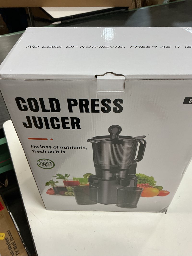Condition photo showing New/Like New for eanoruus juicer machines, 3-in-1 cold press juicer with 6.5" extra large chute, 100oz large capacity, ac motor, makes juice, nut milk & sorbet, premium gray