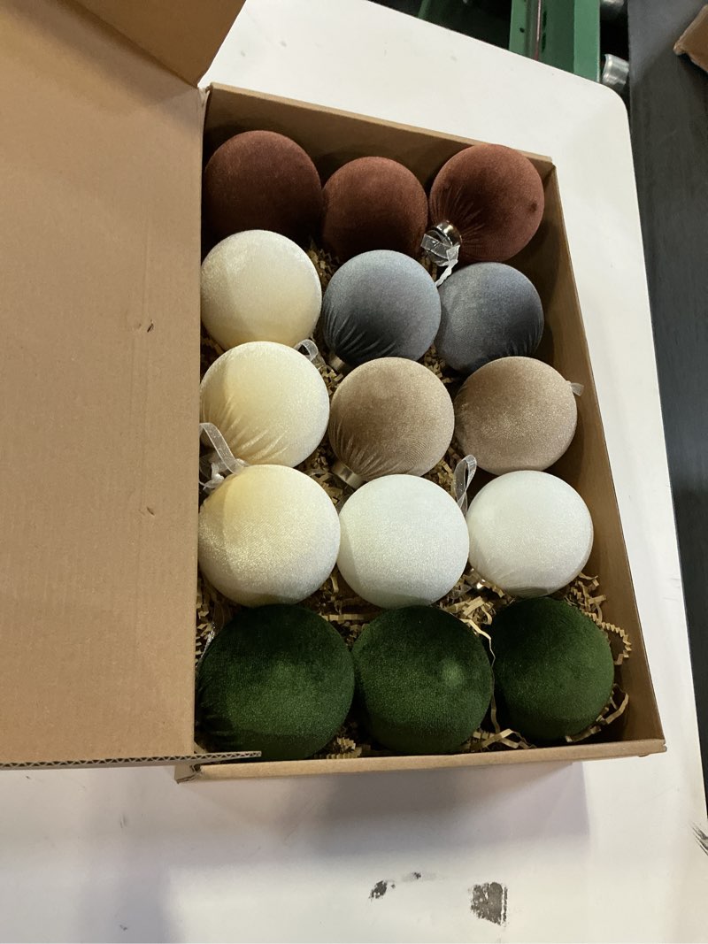 Condition photo showing New/Like New for Christmas Ball Ornaments, 15 Pcs Green & Coffee Ornaments with Velvet, Multicolor Xmas Tree Decorations for Christmas Tree Holiday Decor Green&coffee