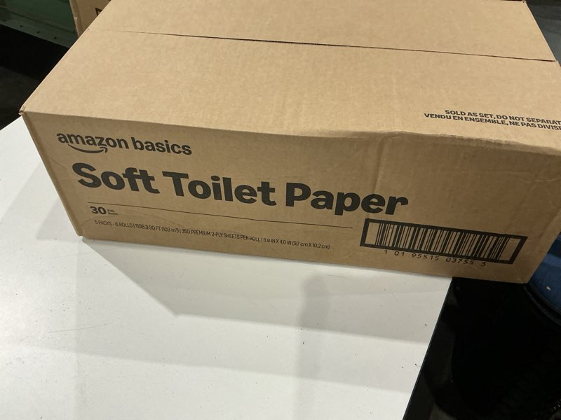 Condition photo showing New/Like New for amazon basics 2-ply soft toilet paper, 30 rolls (5 packs of 6), 350 sheets per roll, septic safe, equivalent to 185 regular rolls 350 sheet (pack of 30)