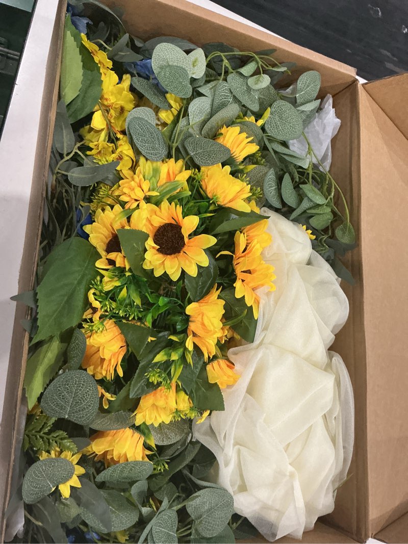 Condition photo showing Good Condition for h&s bridal wedding arch flowers, 30 inch rustic artificial floral swag for door lintel, green leaves rose peony sunflowers table centerpieces home decoration yellow