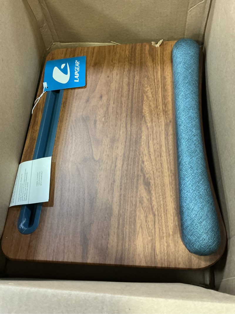 Condition photo showing Good Condition for lapgear portable laptop lap desk with pillow cushion, anti-slip strip, tablet or phone storage slot, pen and pencil pocket, and wrist rest - espresso woodgrain - fits 17.3" laptops - style no. 91342