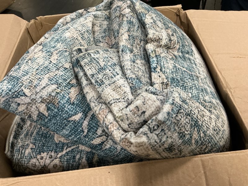 Condition photo showing Good Condition for machine washable living room rug: 8x10 area rugs for bedroom vintage stain resistant non slip low pile lightweight boho carpet for kitchen dining room farmhouse kids room nursery 8' x 10' (rectangular) light blue