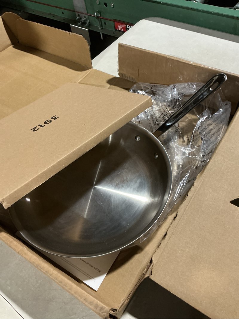 Condition photo showing As Is for All-Clad D3 12" Stainless Steel Frying pan W/Lid, 3-Ply Stainless Steel Pan, Induction, Oven Broiler Safe 600F Skillet, Professional Cookware, Silver Silver 12 inch with lid