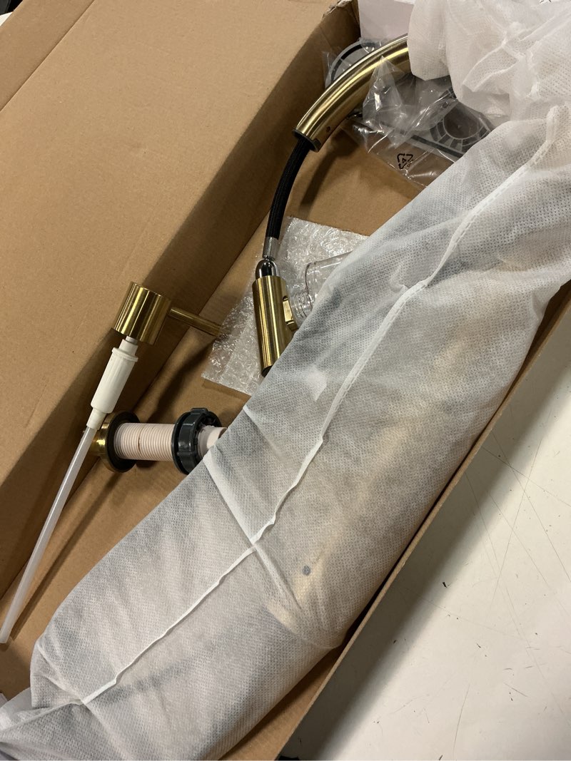 Condition photo showing As Is for allen + roth harlow simplefit brushed gold single handle deck-mount pull-down kitchen faucet with sprayer (includes deck plate) (includes soap dispenser)