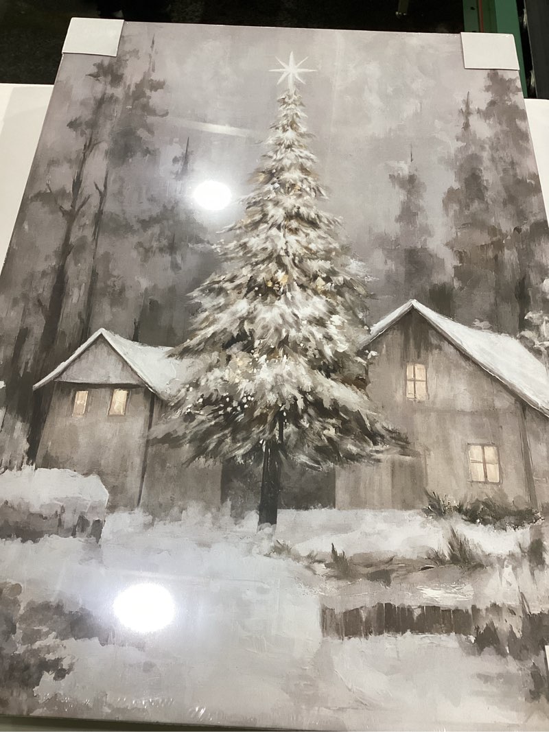 Condition photo showing New/Like New for 3Pcs Winter Snow Scene Canvas Wall Art for Bedroom, Christmas Pine Trees Landscape Wall Picture Retro Cabin Snowy Canvas Art Prints Painting Country Nature Wall Decor for Living Room Kitchen 12"x16"X3 Holiday-Christmas Santa 12"x16"x3Pcs
