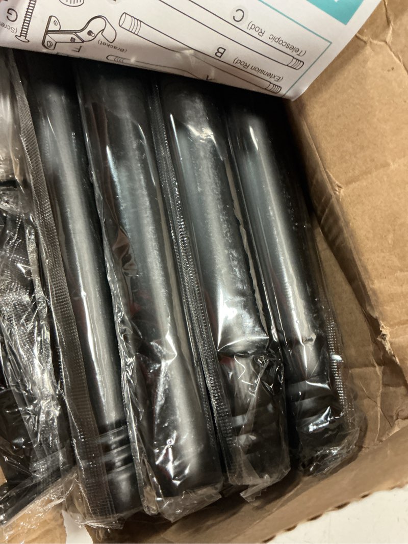 Condition photo showing As Is for curtain rods for windows 16 to 136 inch, curtain rod max adjustable length of 144 in, 1" diameter drapery rod with cylindrical finials, black 1 pack