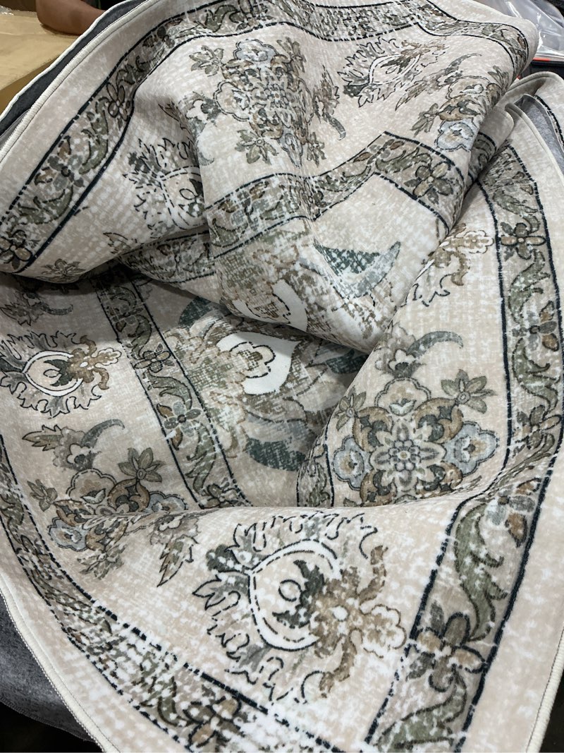 Condition photo showing Good Condition for (unknown size) large washable area rugs beige and sage green vintage boho floral farmhouse rug for living room bedroom, non slip low pile carpet