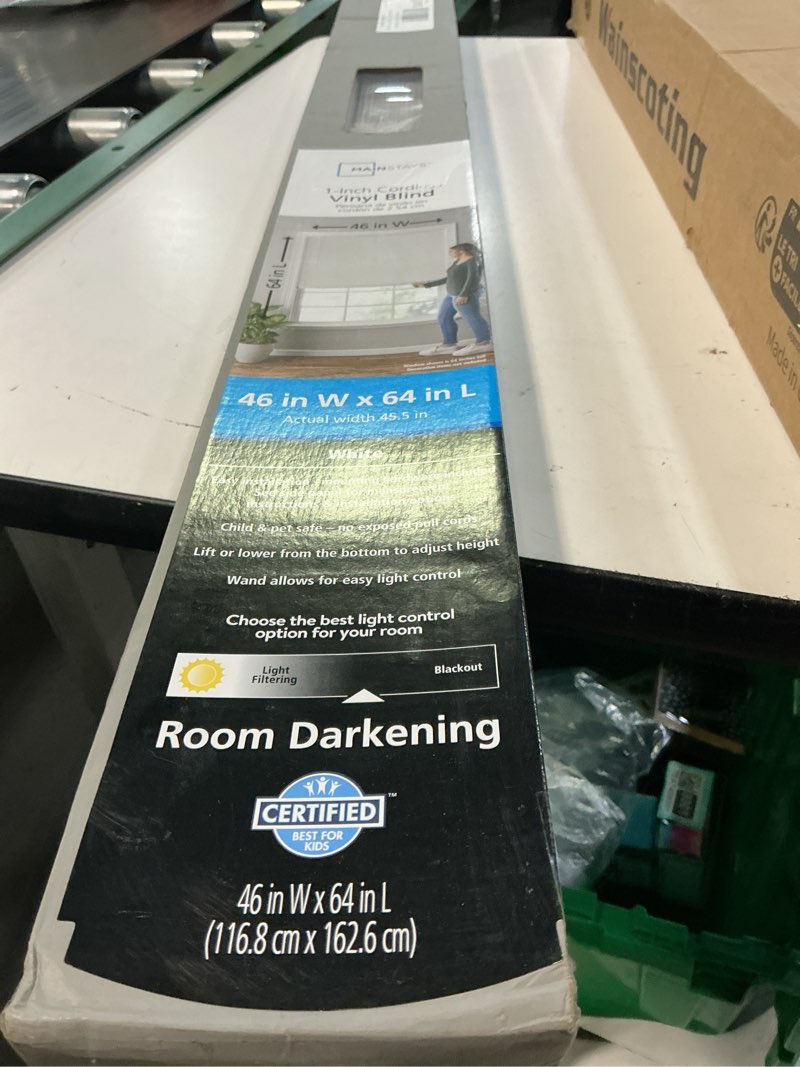 Condition photo showing Good Condition for mainstays 1" cordless room darkening vinyl blinds, white, 46"w x 64"l