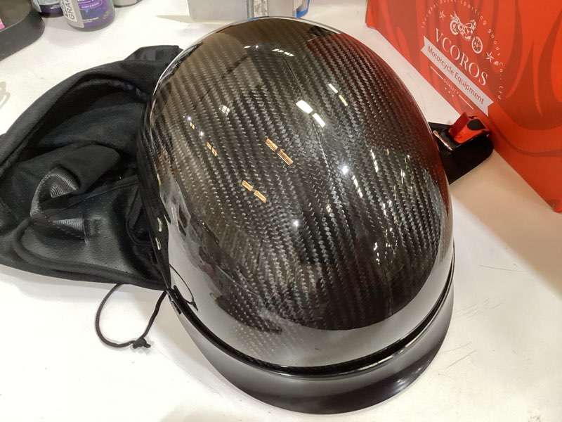 Condition photo showing As Is for vcoros carbon fiber open face retro motorcycle helmets men women half face helmets for motorbike cruiser chopper moped scooter atv (gloss black, l) gloss black large