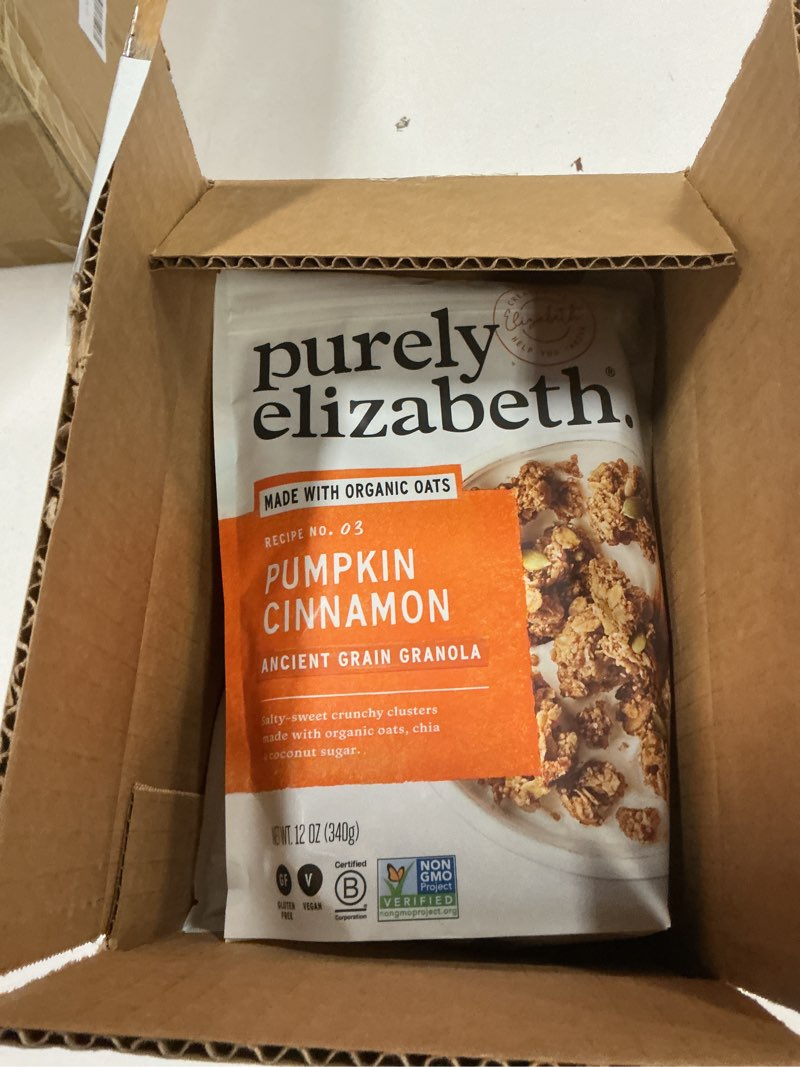 Condition photo showing New/Like New for Purely Elizabeth, Pumpkin Cinnamon, Ancient Grain Granola, Gluten-Free, Non-GMO, 12 Ounce (Pack of 3) Pumpkin Cinnamon 12 Ounce (Pack of 3) best by 1-7-26