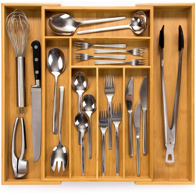 budu Silverware Drawer Organizer #19.7\\\" Depth - Utensil Holder, Kitchen Drawer Organizers for Flatware, Cutlery – Perfect Utensil Organizer for Silverware & Other Kitchen Organization Tools 19.7\\\" Bamboo 