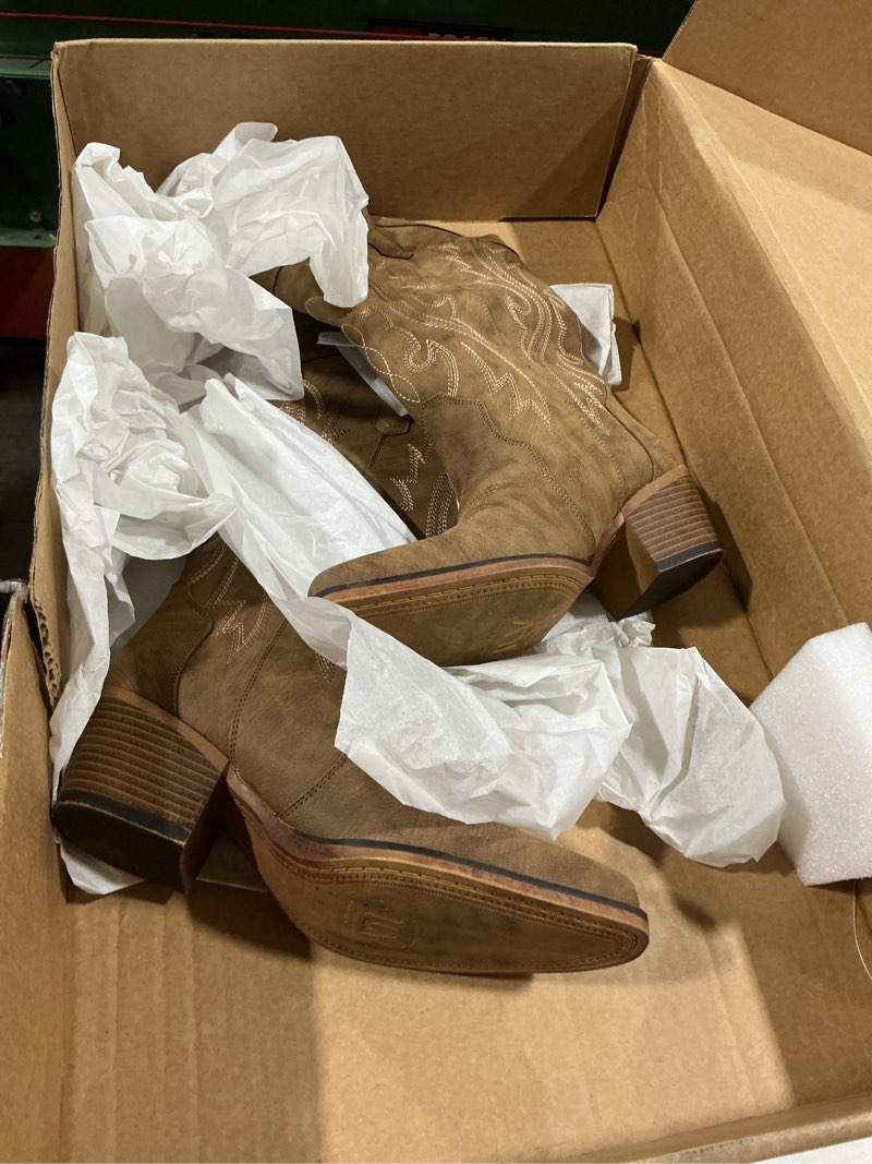 Condition photo showing As Is for iuv cowboy boots for women western cowgirl boots mid calf snip toe | chunky heel ideal for low insteps 8 brown