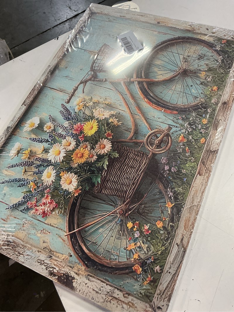Condition photo showing New/Like New for rustic farmhouse daisy floral canvas wall art vintage bicycle flowers painting picture wall decor flower still life poster print artwork for bathroom living room bedroom home decoration flowers canvas 24"l x 16"w