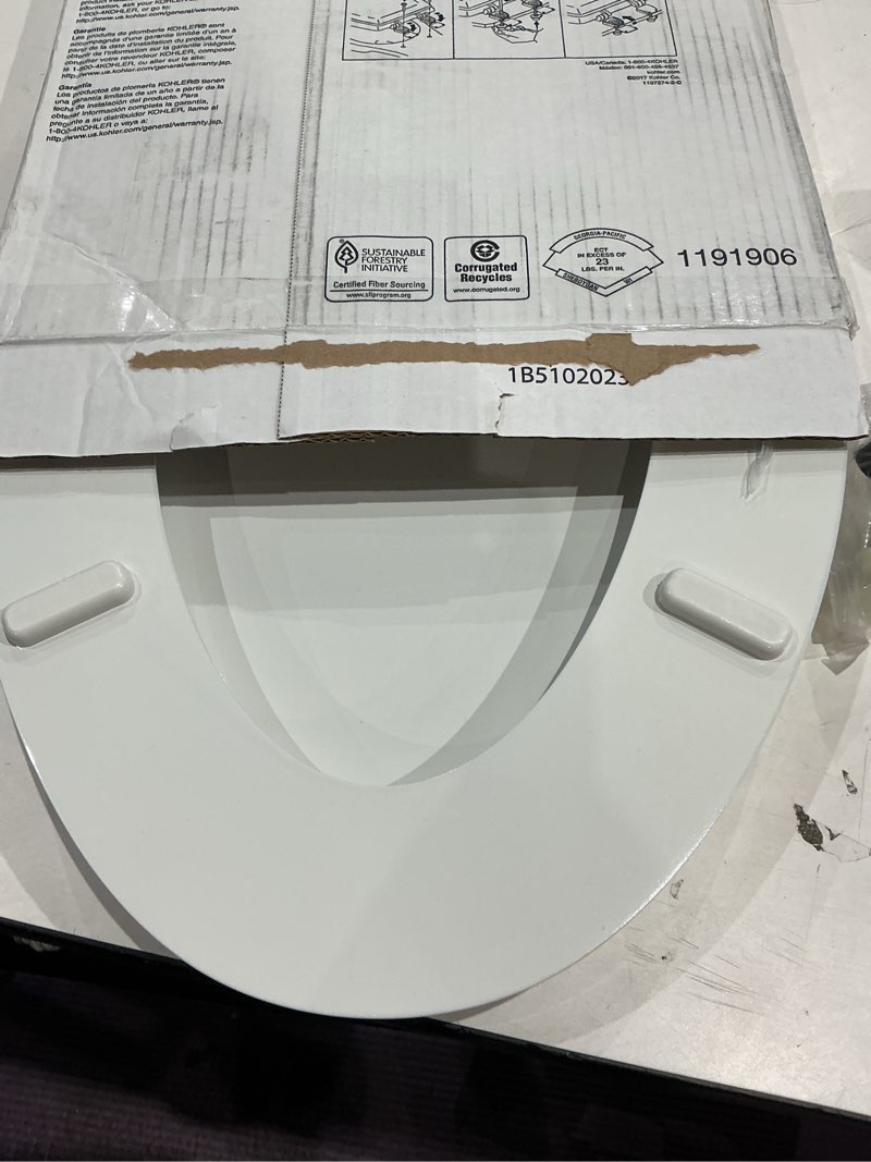 Condition photo showing Good Condition for kohler stonewood quiet-close elongated toilet seat, slow close design, durable wood, easy installation, universal fit, white finish, k-20466-0