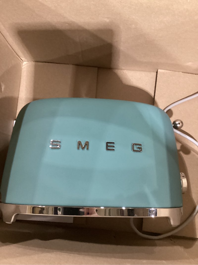 Condition photo showing As Is for smeg 2 slice toaster with 6 presets and defrost function and removable crumb tray (jade) 2 slice jade