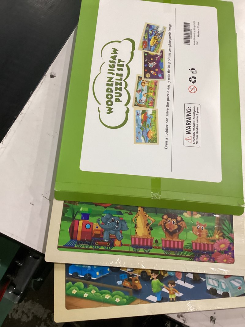Condition photo showing New/Like New for wooden educational jigsaw puzzles for preschool kids ages 3-5, 4-pack with 20 pieces dinosaur, space, transportation wood puzzles set, toddler brain teaser toys, gifts for boys girls ages 3 4 5 6 mixed styles b