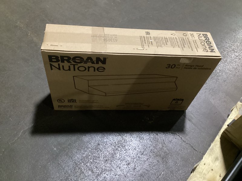 Condition photo showing As Is for Broan 30 inch Ductless 50-CFM Recirculating Fingerprint Resistant Stainless-Steel Finish Under Cabinet Range Hood