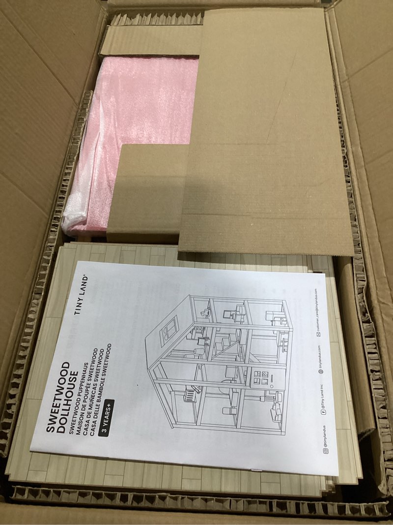 Condition photo showing Good Condition for Tiny Land Wooden Dollhouse for Girls - 6 Rooms Wooden Doll House, DIY Pretend Doll House with 31Pcs Furniture Accessories, Creative Gift for Girl Ages 3+ Pink