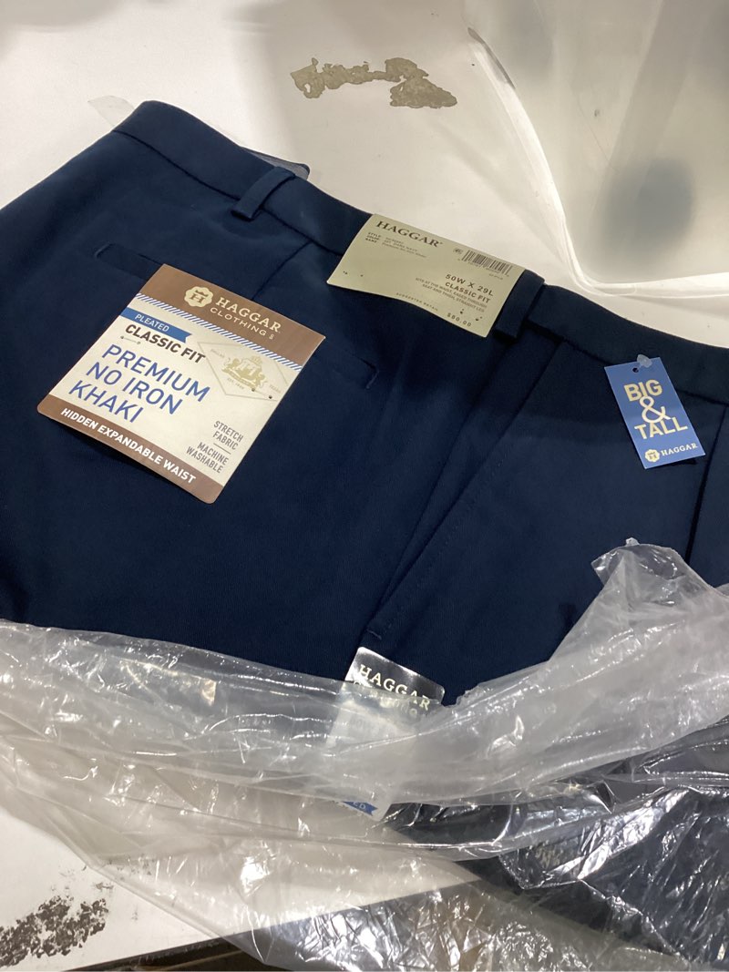 Condition photo showing Good Condition for haggar men’s big & tall classic fit premium no iron khaki pleated pant 50w x 29l dark navy