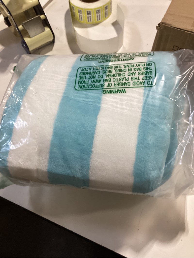 Condition photo showing Good Condition for Snuggle Sac Blue Striped Throw Blanket Soft Reversible Fuzzy Knit Throw for Couch, Sofa, Bed, Travel, Cozy Plush Microfiber Blanket for Women & Gift Giving Blue White Stripe Throw