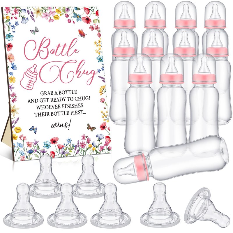 TrelaCo Wildflower Cool Baby Shower Games Wooden Bottle Chug Sign Wildflower in Bloom Gift Sets and 