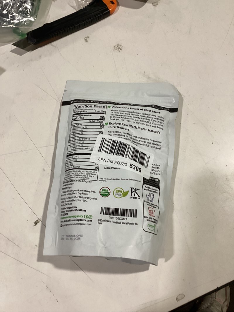 Condition photo showing As Is for black maca root powder, 100% pure, usda organic maca root for men & women - pre workout, muscle recovery, mass gainer, energy drink powder - vegan, non-gmo (1lb)