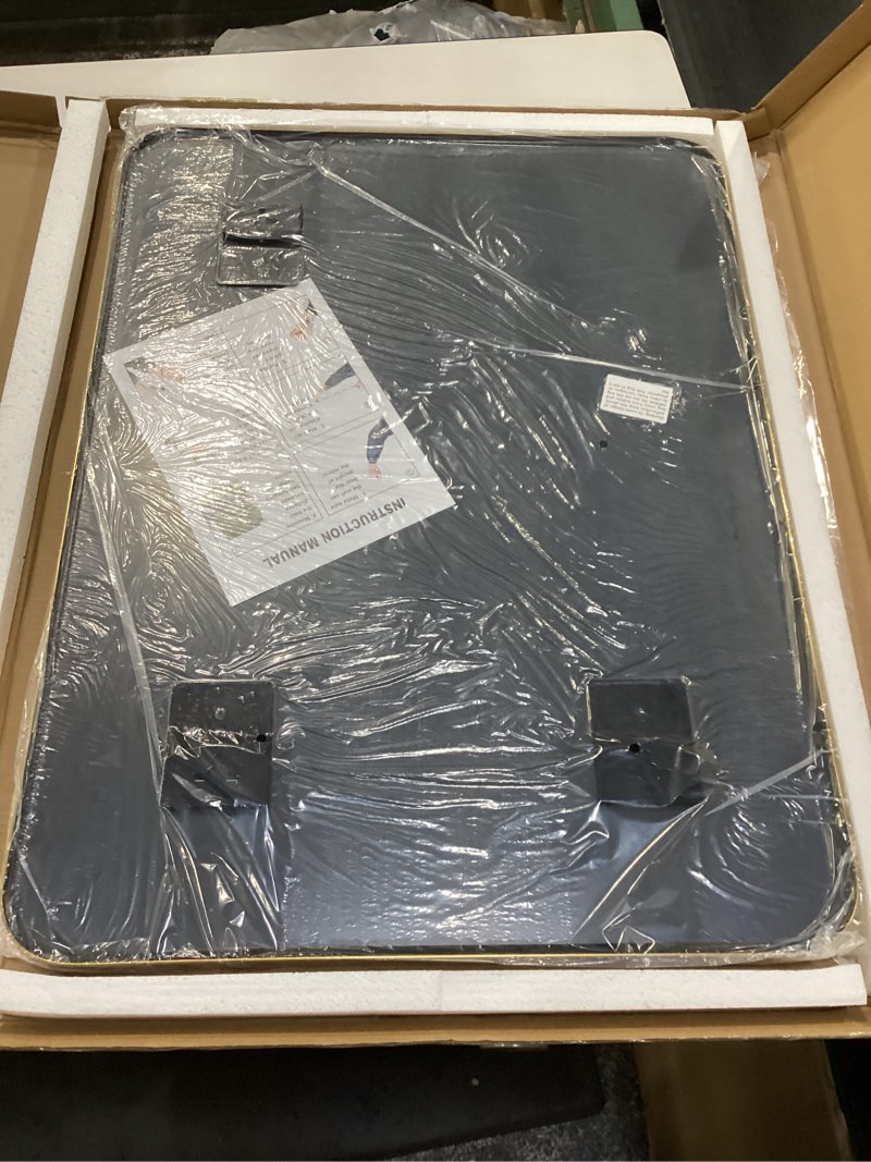 Condition photo showing New/Like New for VooBang Bathroom Mirror 24x32 inch, Gold Gorgeous Deep Frame Wall Mirror, Modern Round Corner Bathroom Vanity Mirror for Bedroom, Living Room, Hanging or Leaning Horizontal or Vertical, Gold Gold 32"L x 24"W