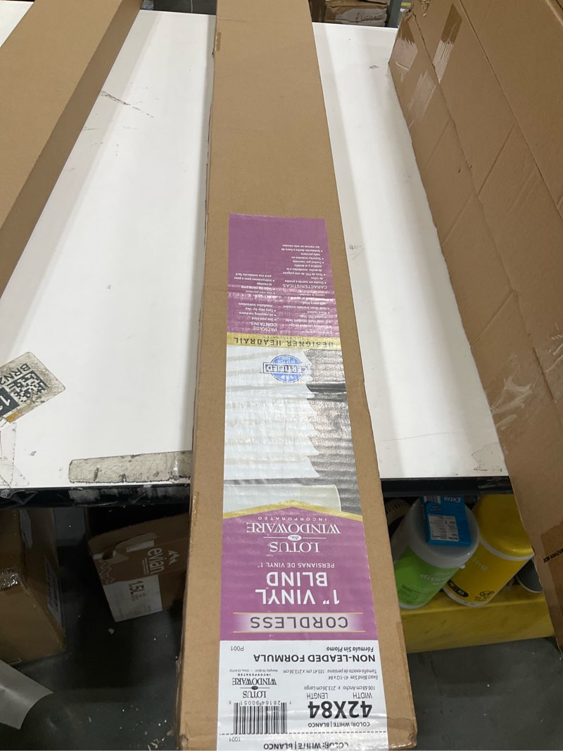 Condition photo showing New/Like New for LOTUS & WINDOWARE Cordless Mini Blind, 1" Vinyl Slats, 42" Wide x 84" Long - White, Window Blinds for Home and Office, Interior Door Blinds - Light Filtering 42"W x 84"H White