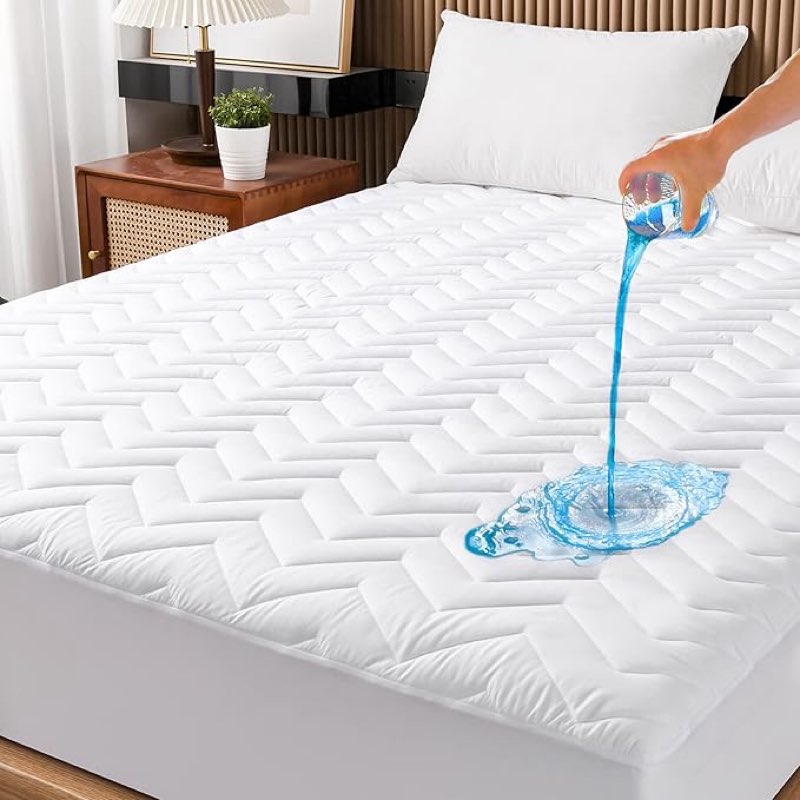 queen size waterproof mattress protector quilted, breathable ultra-soft filling mattress pad, fitted deep pocket mattress cover fits 6''-25'' mattress white