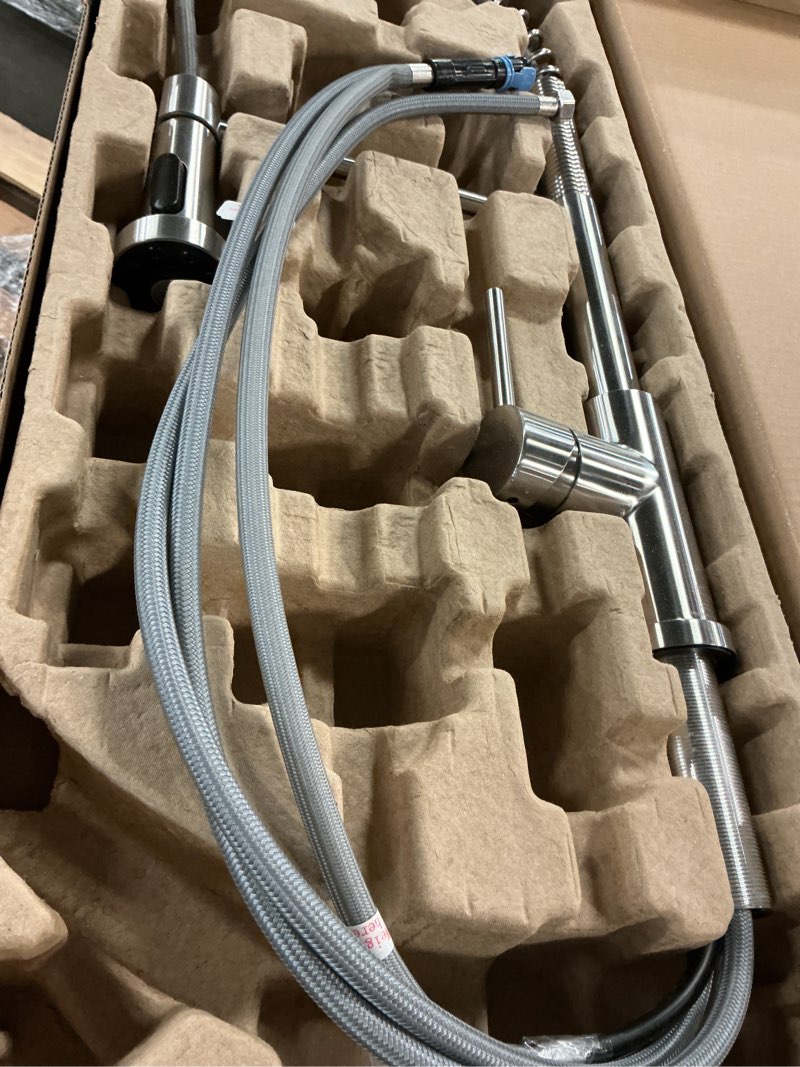 Condition photo showing As Is for glacier bay paulina single-handle spring neck pull down sprayer kitchen faucet in stainless steel