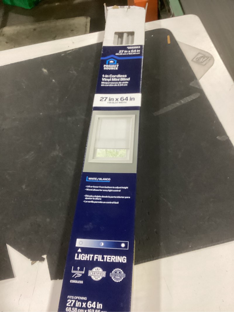 Condition photo showing Good Condition for project source light filtering 1-in slat width 27-in x 64-in cordless white vinyl light filtering mini-blinds