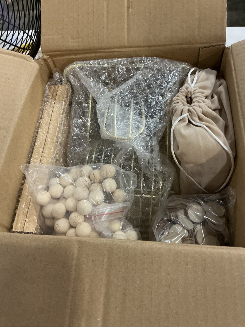 Condition photo showing New/Like New for extguds wooden bingo game set – deluxe bingo kit with 7in cage & wooden handle,400 wood bingo chips, 15 solid wood bingo cards & storage bag, master board, 78 bingo balls for large groups, parties