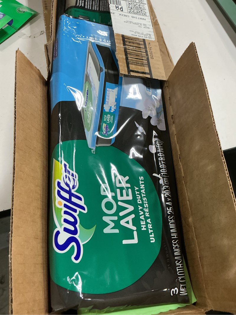 Condition photo showing New/Like New for swiffer sweep & mop deluxe 2-in-1 multi-surface kit for floor cleaning, includes 1 sweeper device, 5 dry sweeping + 6 wet mopping heavy duty cloths, black deluxe starter kit