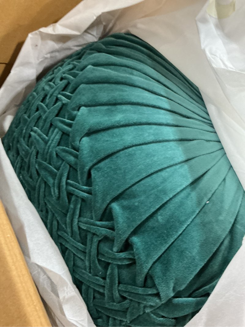 Condition photo showing Good Condition for simplihome grafton round pouf - 20 inch wide upholstered velvet ottoman in teal, transitional button-tufted footstool or extra seating for living room or bedroom with polystyrene filling, assembled velvet fabric pouf teal