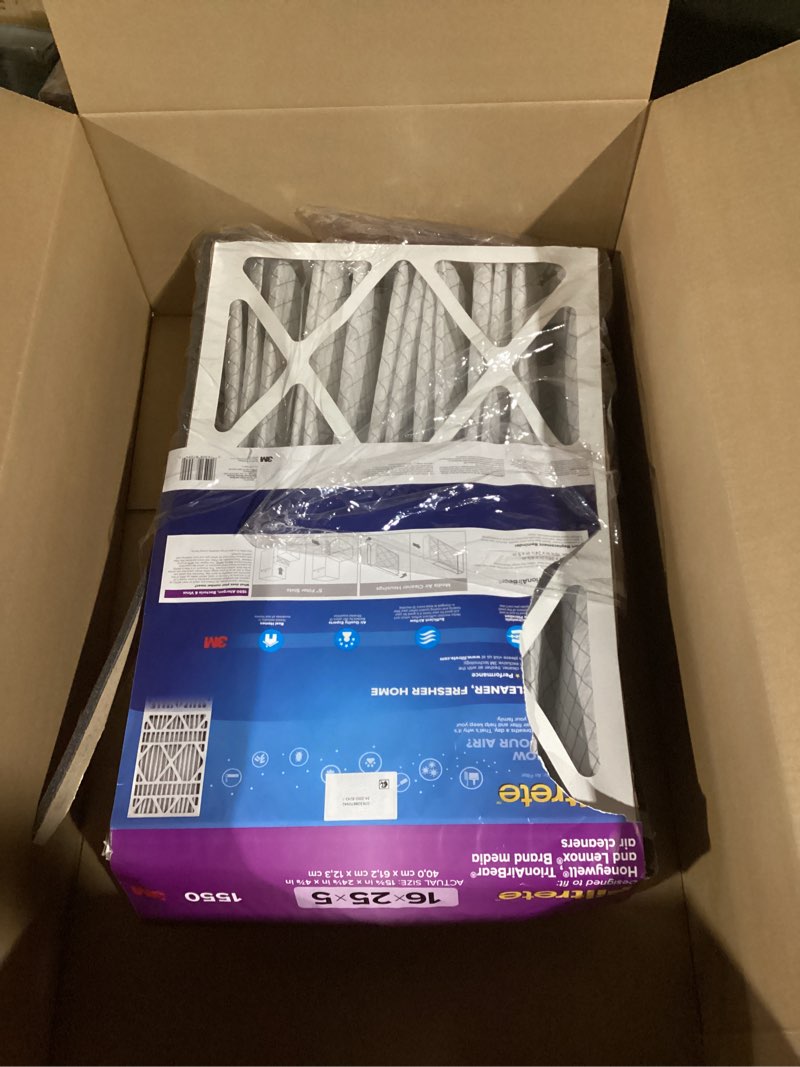 Condition photo showing As Is for Filtrete 16x25x5 AC Furnace Air Filter, MPR 1550, MERV 12, Fits Honeywell & Trion AirBear, CERTIFIED Asthma & Allergy Friendly, Electrostatic Air Filter, 1-Pack (actual size 15.75 x 24.13 x 4.88) 4.9" x 24.1" x 15.6"
