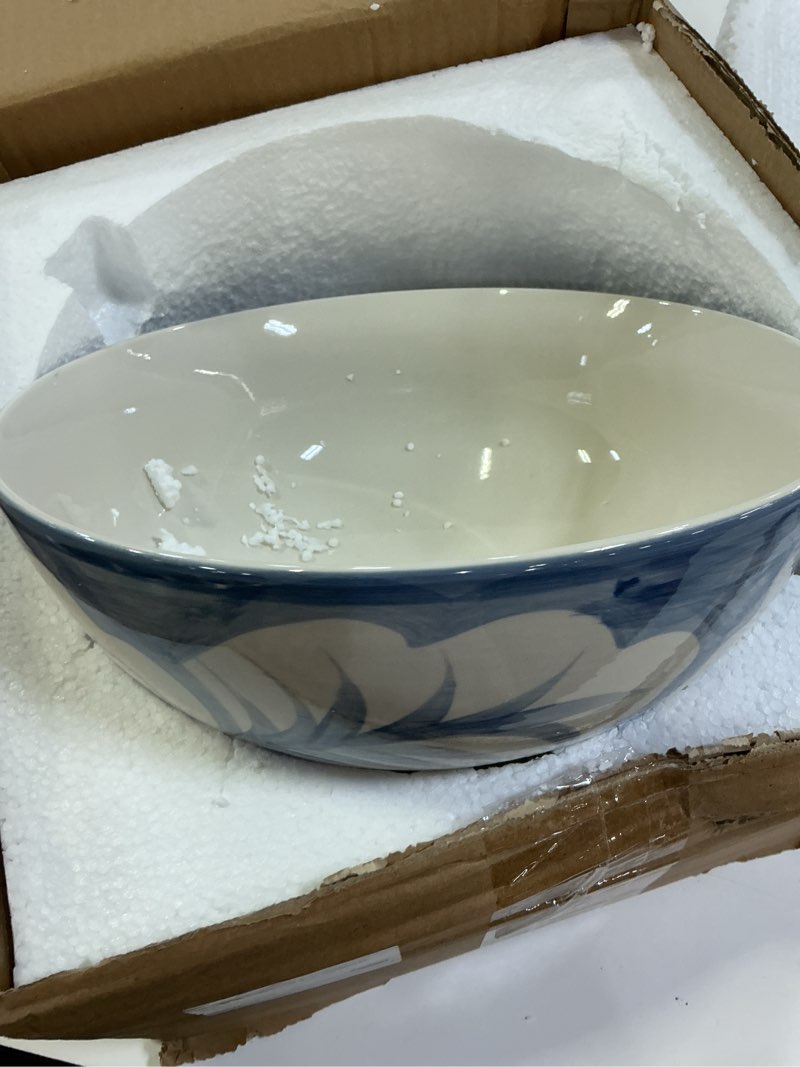 Condition photo showing New/Like New for maxdot blue and white bowl 10 x 5 inch large hand painted stoneware decorative vase bowl with floral chinoiserie ceramic design for kitchen centerpiece creative home decor blue and white 10 x 10 x 5 inches