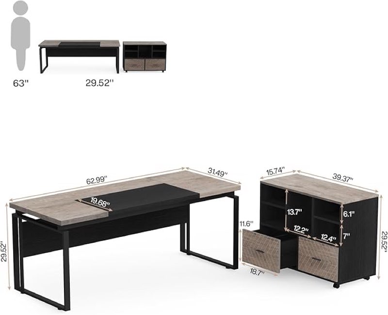 (Incomplete) Tribesigns L-Shaped Executive Desk with Reversible File Cabinet, 63" Office Desk with Storage Drawers, L-Shaped Computer Desk with Drawer Cabinet for Hanging Letter Size Files (Gray & Black