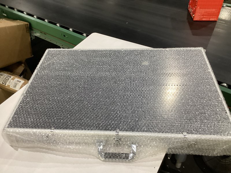 Condition photo showing New/Like New for 34"x22" card show display case,portable aluminum trading card display case,clear acrylic card box with locks suitable for sports card/tcg/jewelry collection (silver)